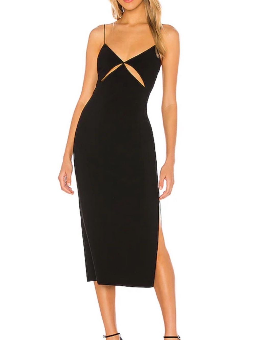 Bec + Bridge Black Spaghetti-Strap Midi Dress with Front Cutout